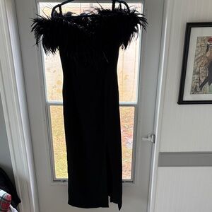 Dave & Johnny Black Strapless Dress with Ostrich Feather Neckline.